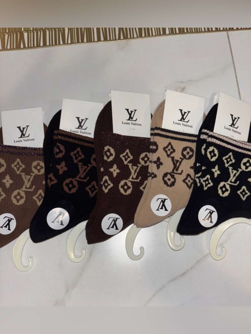 Monogram Crew Socks in Black, Brown, and Tan 5 pairs
